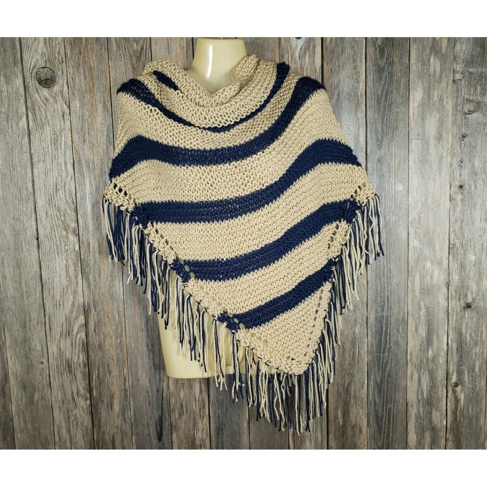 NEW Blue Beige Hand Knitted Shawl Wrap Scarf Boho Hippie‎ Coastal Indie Artsy